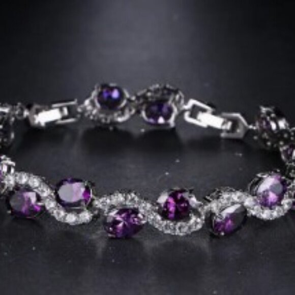 Purple Oval Link Zirconia Silver Plated Bracelet Elegant Styling 7.87 inches - Picture 2 of 4